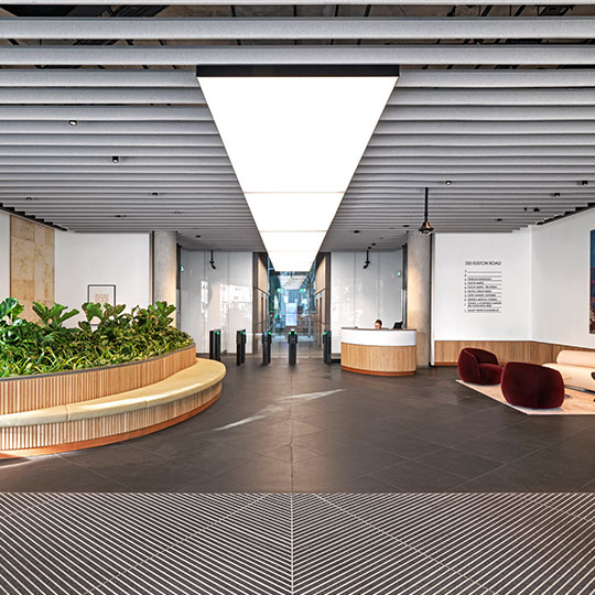 Modern office interior featuring a spacious reception area with a circular wooden bench, vibrant greenery, sleek furniture, and well-lit ambiance creating a welcoming atmosphere.