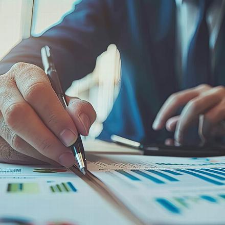 a close-up of a person's hand holding a pen while reviewing financial reports and charts on a table; the other hand is using a calculator, suggesting analysis and business planning.